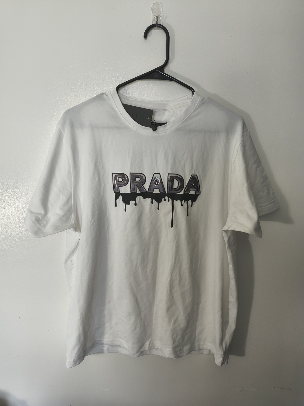 Prada White Short-Sleeve Tee with Black Drip Logo